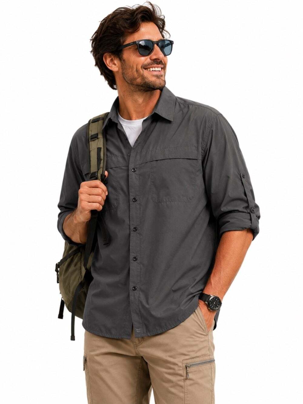 Wrangler Utility Shirt Gray Roll Tab Outdoor Hiking Fishing Travel Medium